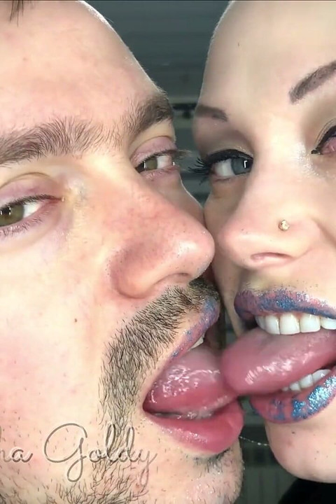 Wild tongues play with a lot of spit! Shiny blue lipstick fetish!