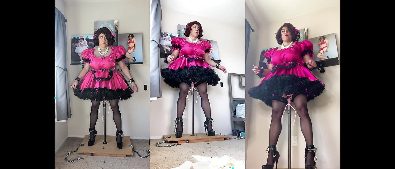 Pink Sissy Maid Candy Is Locked Onto Her Dildo Stand and Rides Her Pole