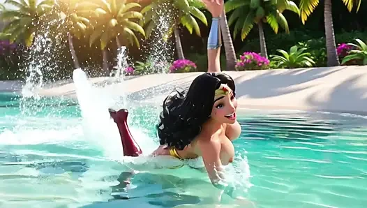 Wonder woman bersantai sambil bugil di themyscira paradise island dengan crystal lagoon dan air terjun yang kuat