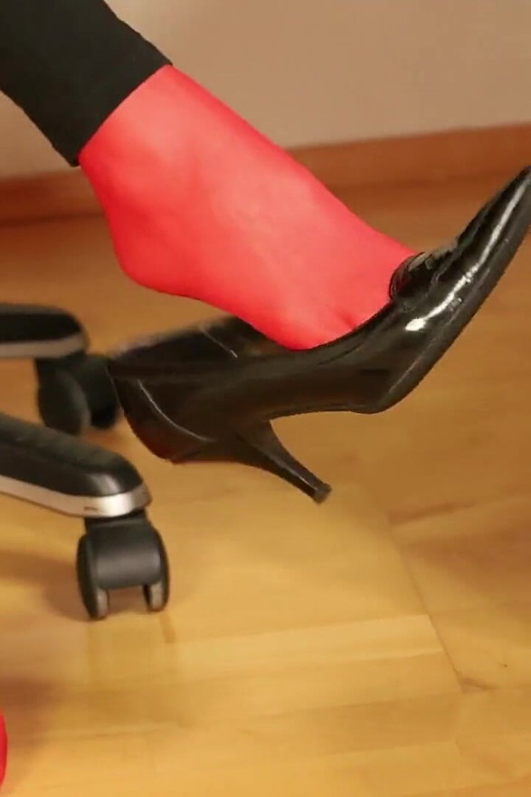 Red Stockings & Stiletto Footplay Under Leggings