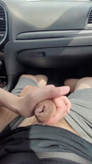 public car handjob and cumshot in mouth, blowjob