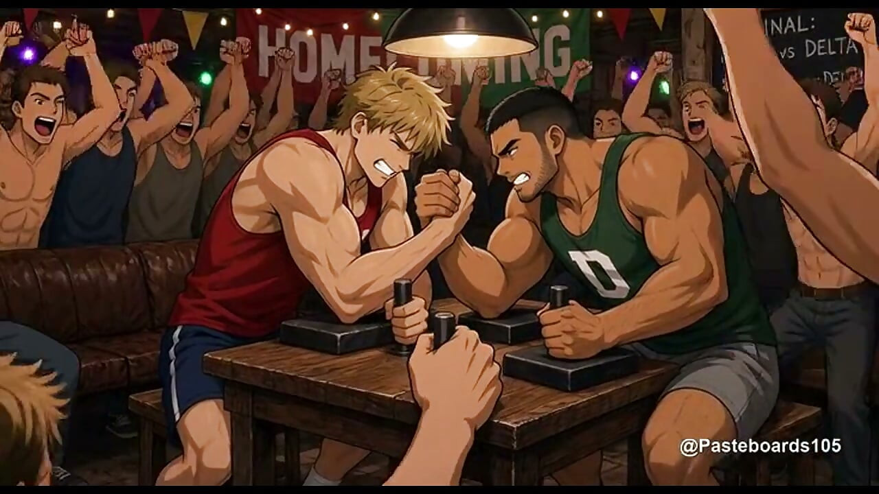 The Bet - Frat Captains Arm-Wrestling Wager, Loser Strapped To The Basement Bench (2D Anime Bara)