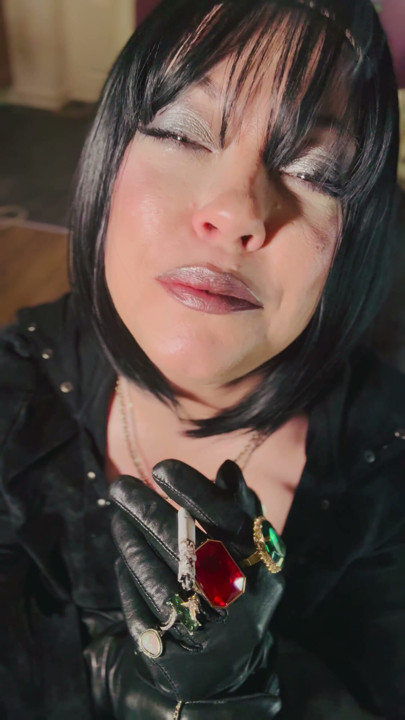 10 Rings Over My Leather Gloves! Smoking Miss Tina Snua Enjoy A cigarette With You | Clip 1