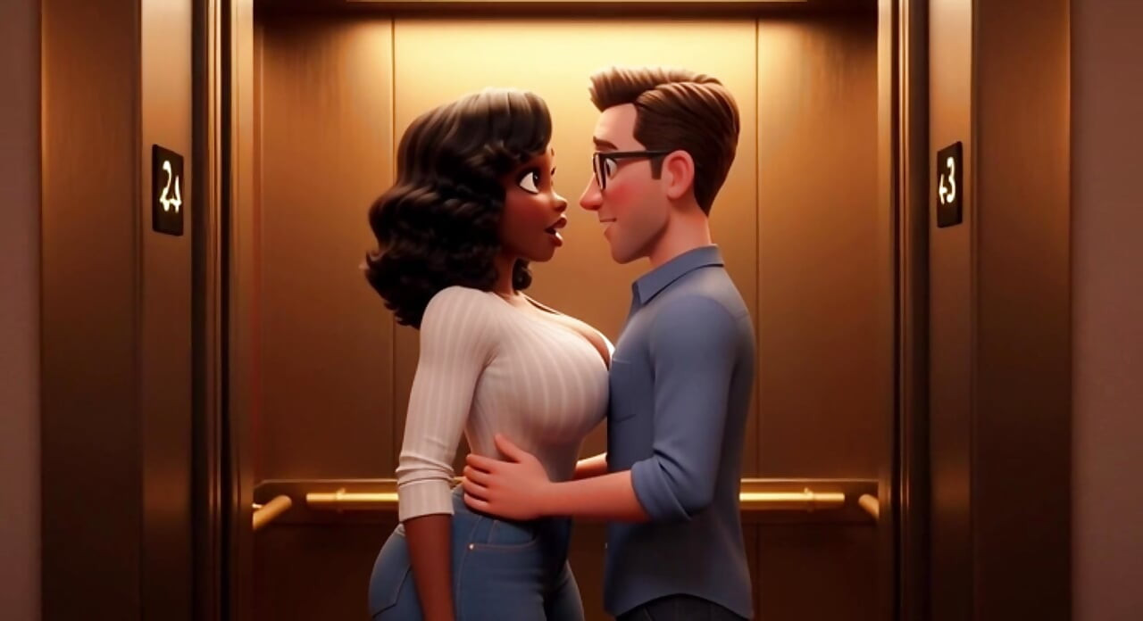 Mujer casada negra engaña con un chico blanco nerd en un motel (generado ia)
