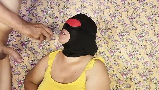 Beautiful mature masked woman giving delicious deep throat blowjob