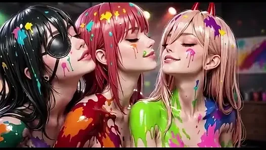 AI Chainsaw Man Girls Covered in Paint Sensual Compilation