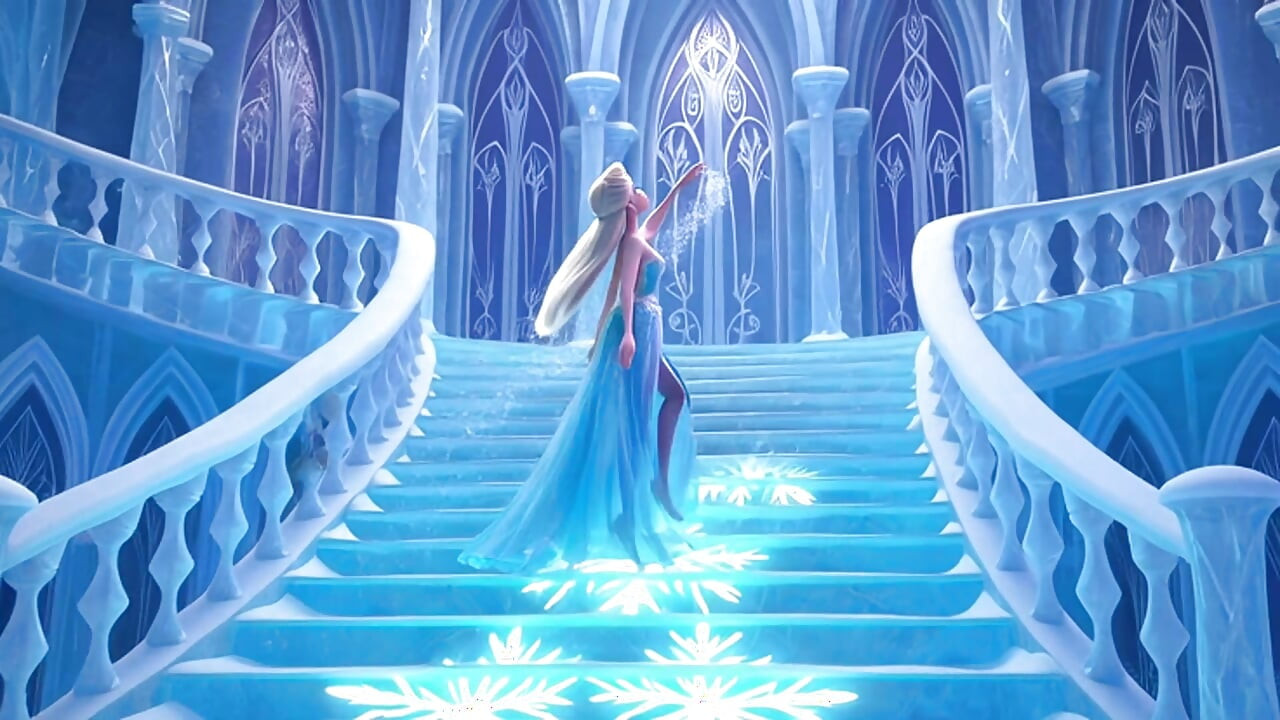 Uimitoare goală Elsa grațioasă și elegantă pozează senzual în magica ei strălucitoare Ice Palace Animație cinematică 3D