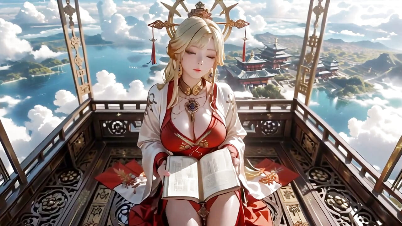 Niebiańska bogini schodzi! Czerwono-biały Hanfu, Golden Hair, Boso w Cloud Array.
