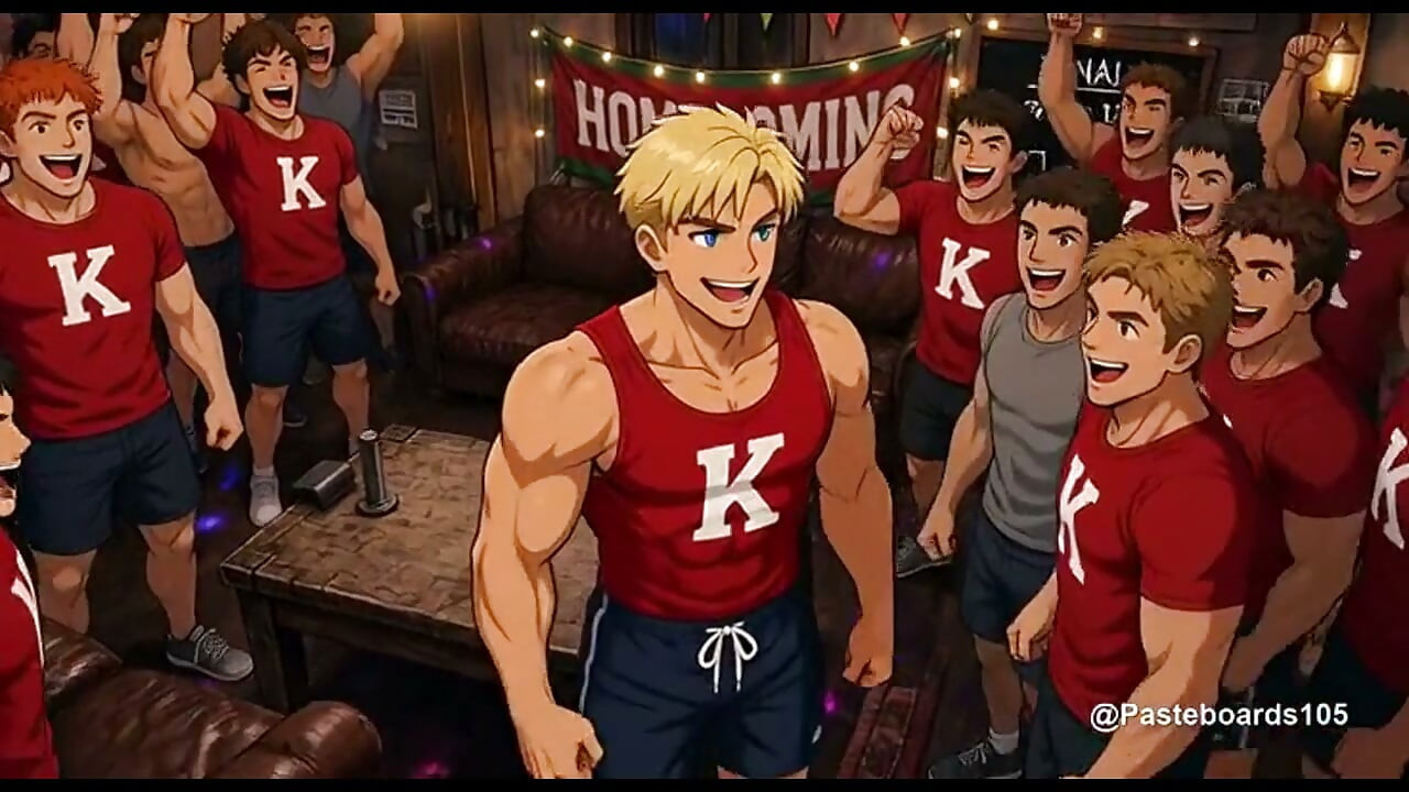 The Bet - Frat Captains Arm-Wrestling Wager, Loser Strapped To The Basement Bench (2D Anime Bara)