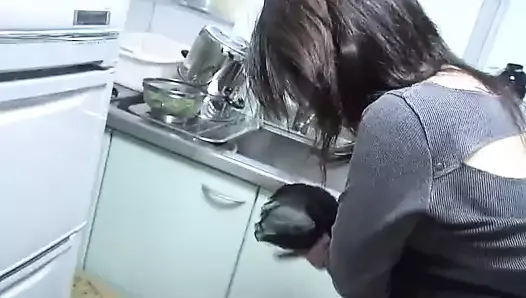 Japanese bubby fucks amateur wife in the kitchen