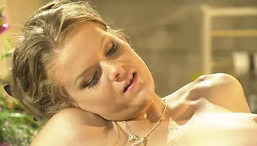 Hot blonde babe with natural big tits gets both holes fucked