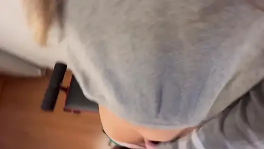 Step Sister Helps Step Brother to Cum Quick in Her Panties While Step Mom Waiting in the Kitchen
