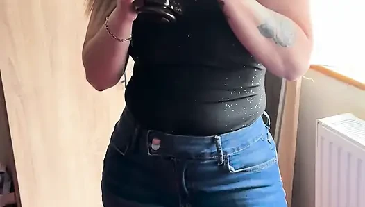 Masturbating with a Huge Black Cock in a Denim Miniskirt