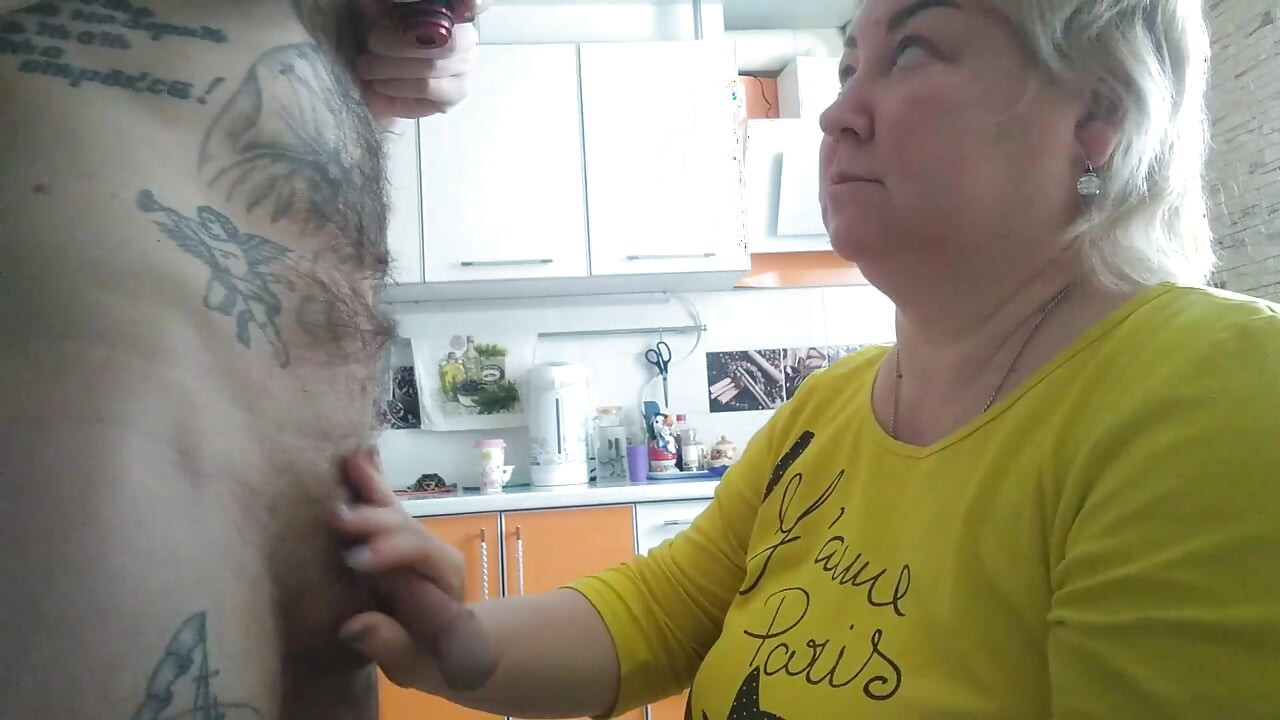 Mother-in-law again frees my balls from cum while doing blowjob