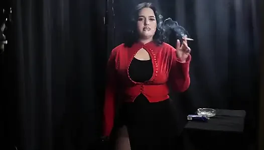 Curvy Brunette Smoking in Red Cardigan