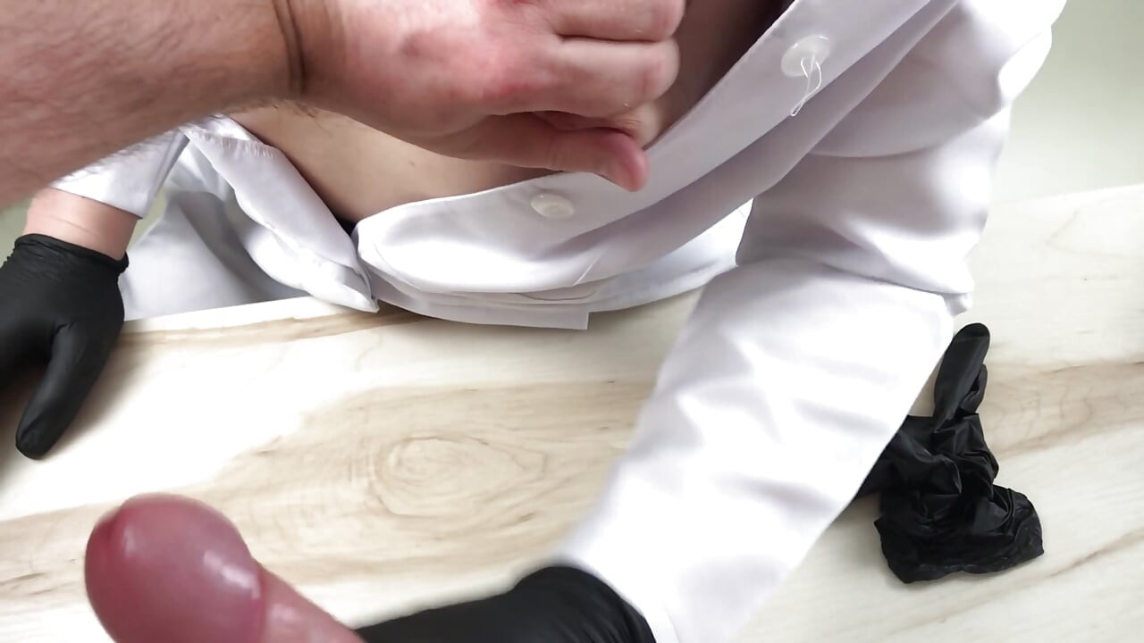 The nurse takes the sperm for analysis. MILF with natural tits  hand job. Cum on tits.