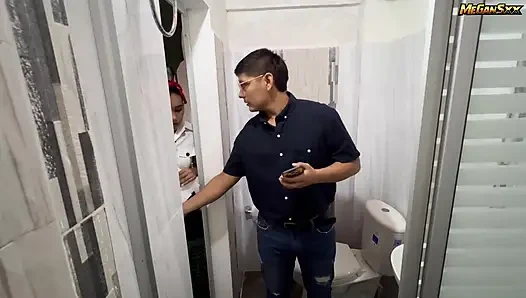 Teacher his student in the bathroom.
