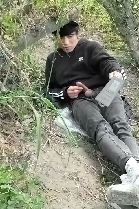 This Gay Twink Sticks His Cock Through His Fly to Jerk off Outside