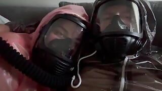 Gasmask breathing in plastic suits