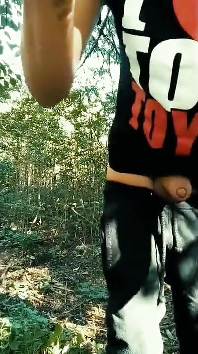 Twink Is Jerking with Used Condom Under Foreskin Outdoor