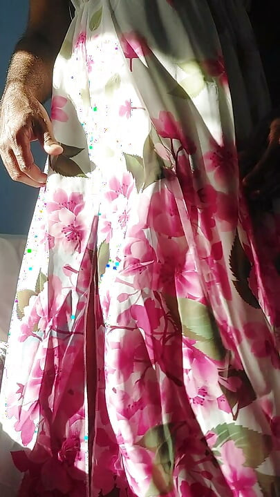 Shemale masterbate and cum in a silky seethrough Chiffon Fleared floral frock