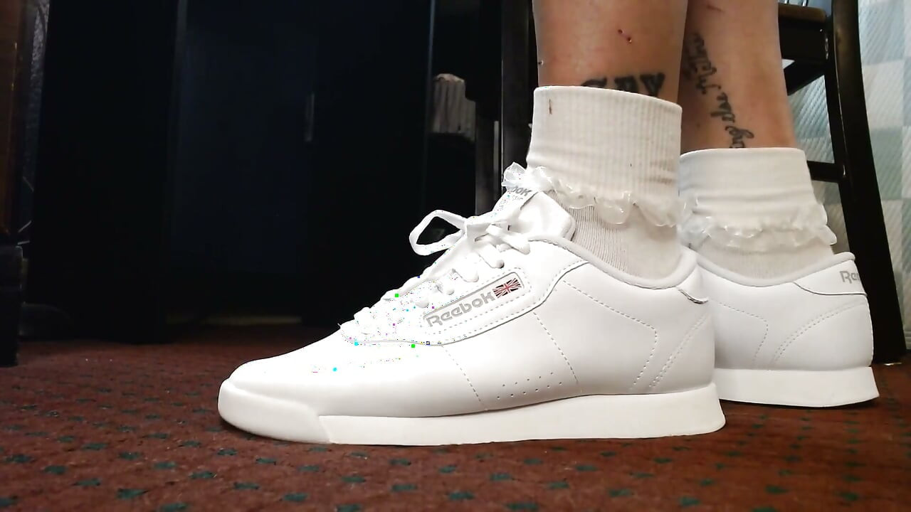 White Reebok Princess Sneakers Ruffled Socks Sexy Tease