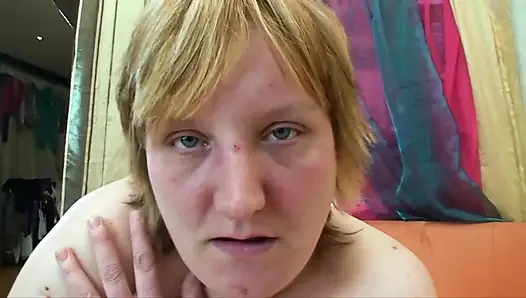 Fat curvy and sexy blonde with big tits and eager for cock enjoys and moans while fucking with her shaved pussy