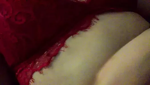 Evening homemade masturbation in beautiful red lingerie with an orgasm. Close-up
