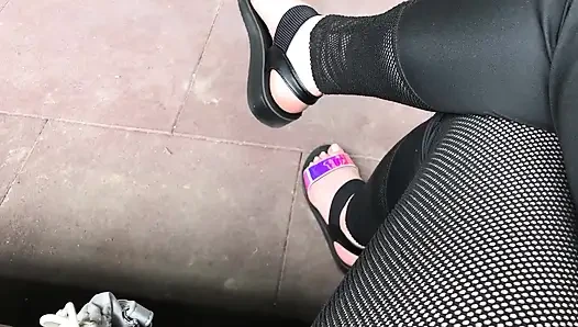 My new shiny sandals and toes tease outdoor