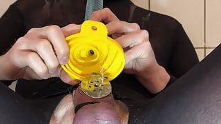 Drinking own piss while being caged in micro chastity cage