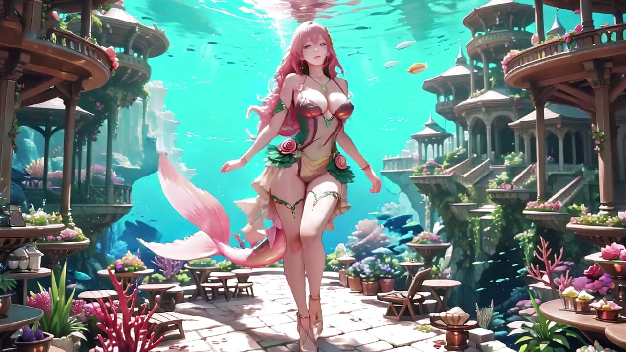 Fantasia em Alto-Mar! A Rainha Sereia de Cabelos Rosa relaxa no palácio azul.