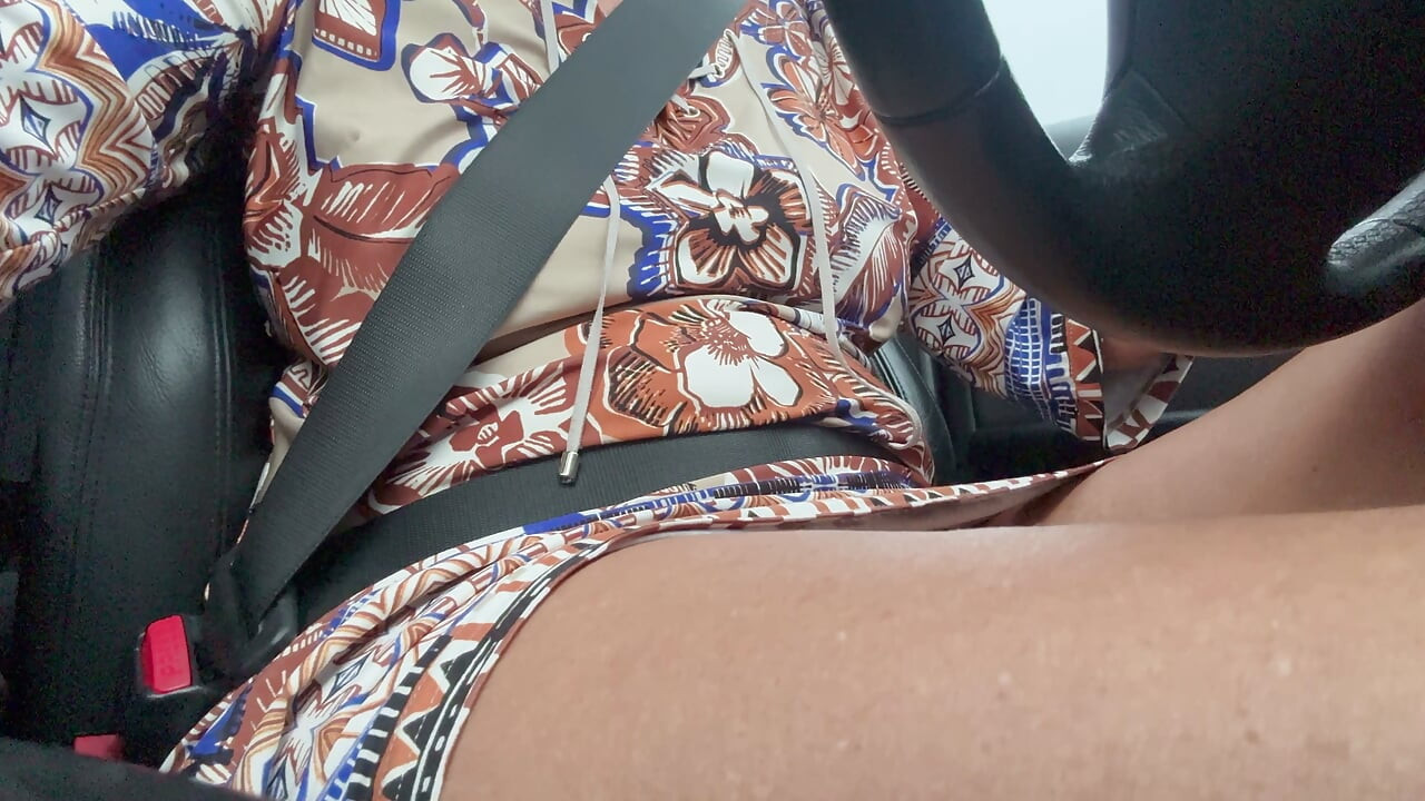 Beautiful wife gets horny in her car and puts her hand in her panties and rubs her pussy in public