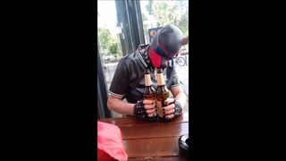 Rubber puppies fight for beer