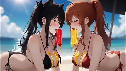 Yapay zekalı gotik güzellik kızıl saçlı güzellikle tanışıyor - plaj geçiti (buz popları yiyor)