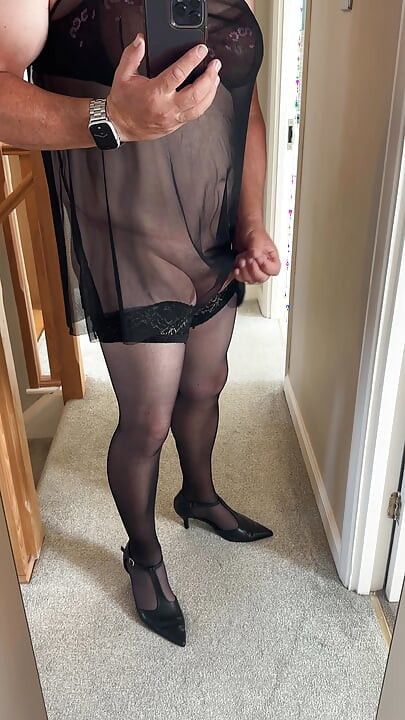 sexy sissy masturbating in her black stockings & nylon lingerie