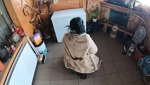 Golden Dress, Fur & Smoking - Hairy Pussy, Deep Blowjob & Hard Doggy on a Freezer