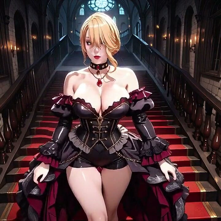 Blonde in a Black Gown Swaying on Red Velvet, Candlelight Gaze and Fan Teasing the Collarbone