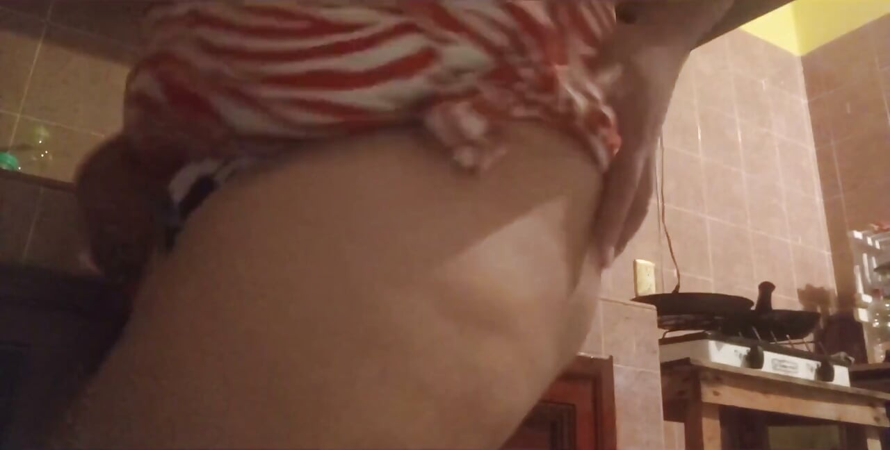 Stepmom Walks Around the Kitchen in a Thong
