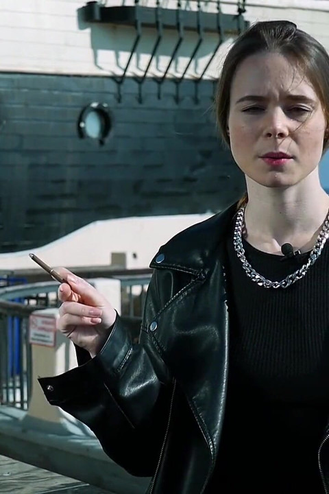Young Russian Woman Smoking Cigarette Outdoor Terrace
