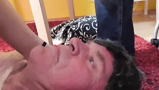 Taped up old slave must watch his mistress getting fucked