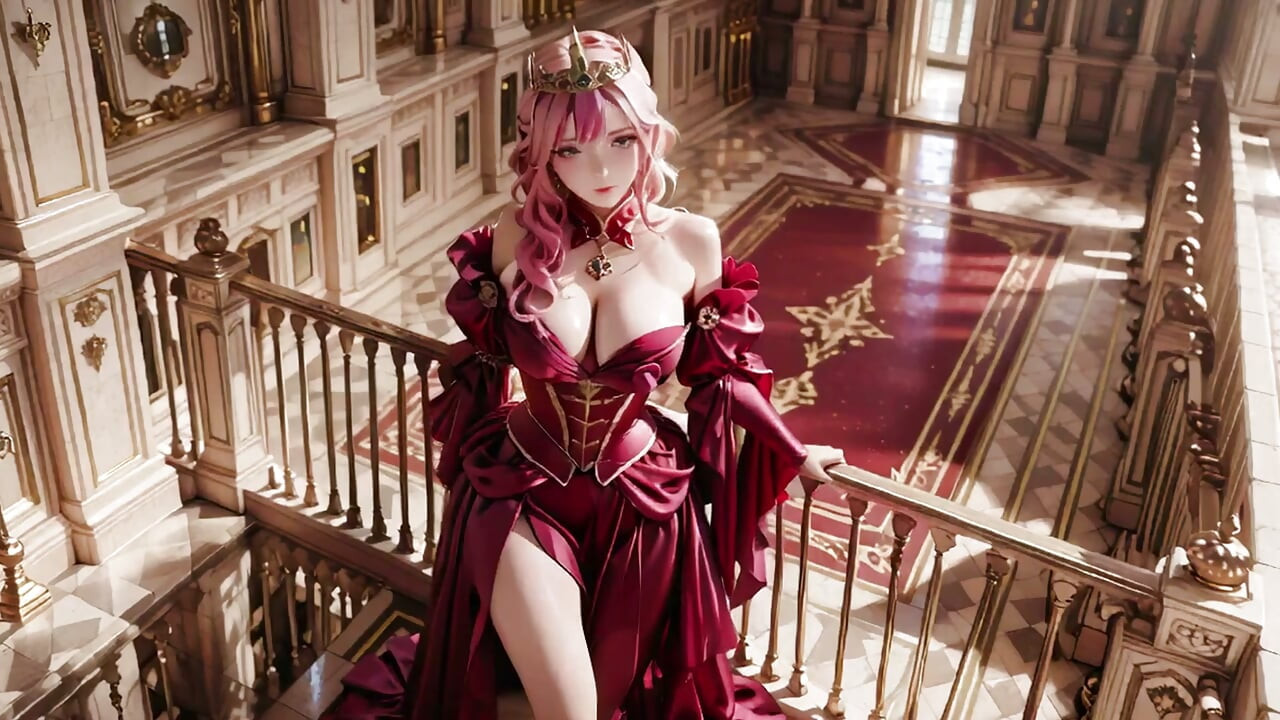 The Pink Queen's Coronation! Deep red silk, golden goblet, and a lazy gaze from the throne. Pure fantasy.