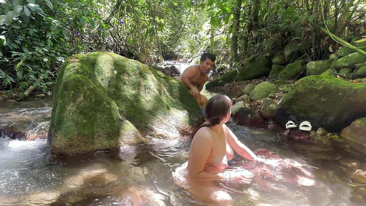 I find a midget pervert watching me in the river while I bathe naked, I see that he has a huge cock so I ask him to fuck me.