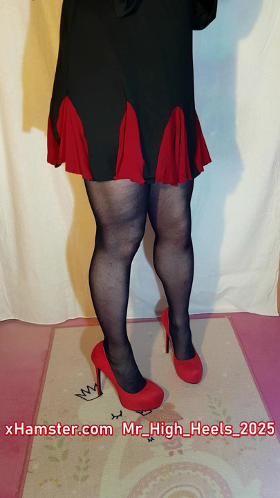 Red shoes and black nylons.