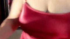 Putting on red dress, no panties or bra! 67 year old mature woman