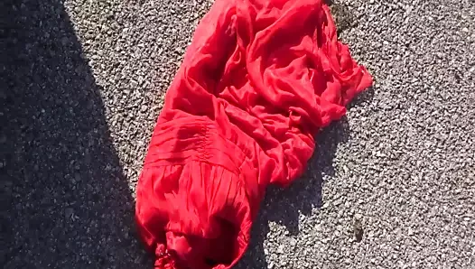 cleaning shoes on red dress 4