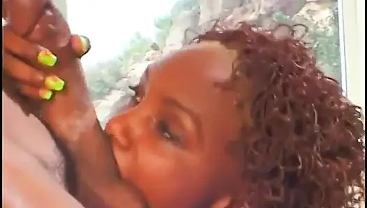 Black stud eats then fucks a black pussy in swanky bathroom