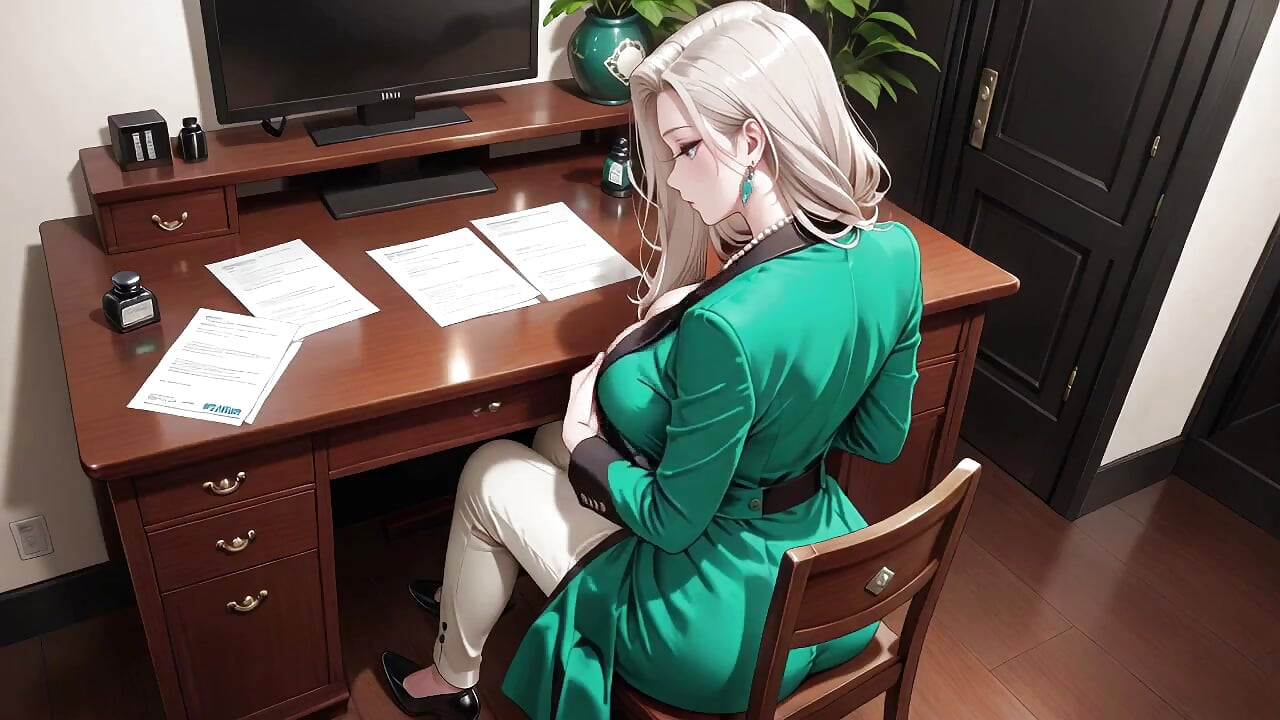 녹색 정장 비서! 연구에서 파일을 구성하라는 명령을 받은 그녀는 의도적으로 깊은 V넥과 긴 다리를 노출합니다.