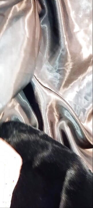 Ejaculating my sperm on the shiny lining of a black fake fur ladycoat