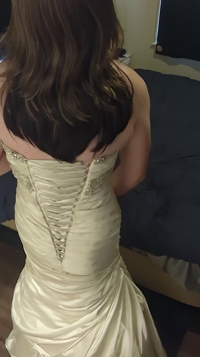 Trying on my very first mermaid style satin wedding gown | Clip 1