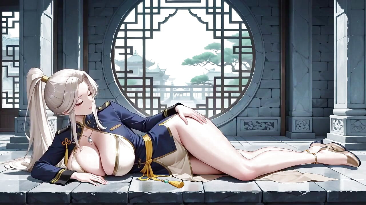 Blonde Samurai in diepblauwe do-over! Knielend in de Japanse corridor, pronkend met haar tedere kont